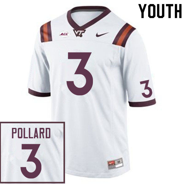 Youth #3 Norell Pollard Virginia Tech Hokies College Football Jerseys Sale-White - Click Image to Close